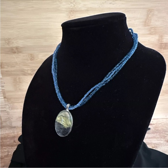 Kenneth Cole multi strand blue bead necklace with watercolor ombre pendant - Picture 3 of 7